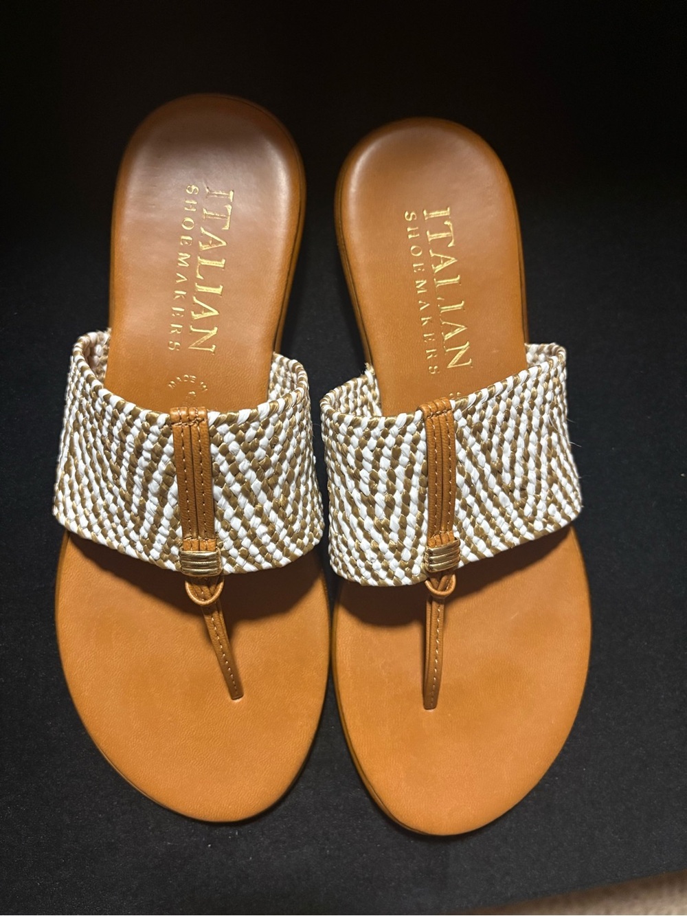 Italian Shoemakers Tan and White Woven Strap Slide Sandals Size 8